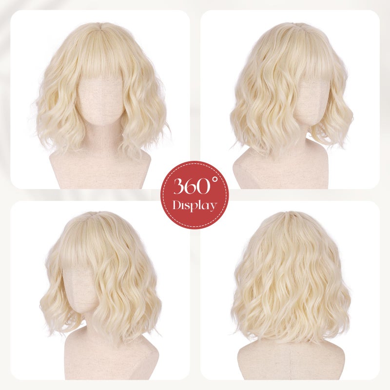 SOFEIYAN Short Wavy Platinum Blonde Wig - 12 Inch Bob Wig with Bangs for Women Curly Shoulder Length Bob Wig with Bangs Soft Synthetic Hair Wigs for Girls Daily Party Use - Image 4