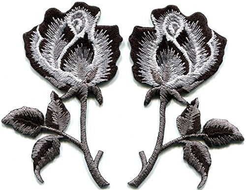 TKPatch Black Roses Pair Flowers Gothic Boho Rock & roll Wicca Applique Iron-on Patches S-1035 - Image 1