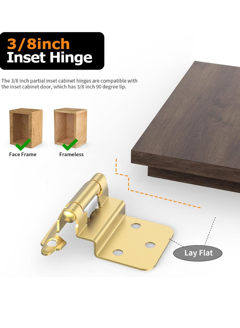 General - 3/8 Inch Inset Cabinet Hinges,1 Pairs Self Closing Flush Face Mount Hinges with Door Bumper, Variable Decorative Hardware for Bathroom, Furniture, Kitchen Cabinet Doors, Brass Gold - Image 1