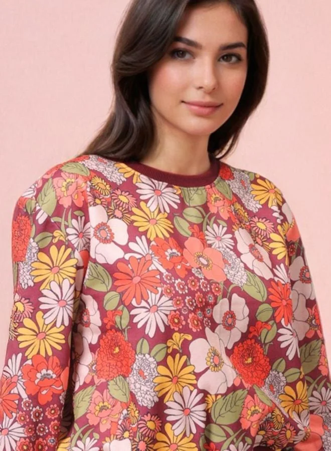 Women Relaxed Fit Floral Printed Crew Neck Long Sleeve Crewneck Sweatshirt