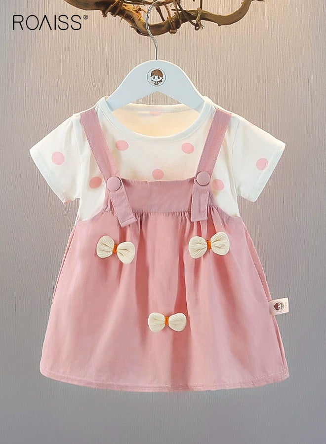 roaiss Girls Faux Two-Piece Dress, Stylish Summer Frock with Bowknots, Short Sleeve Polka Dot Dress, Casual A Line Dress for Girls, Suit for Daily Wear or Any Occasion - Image 1