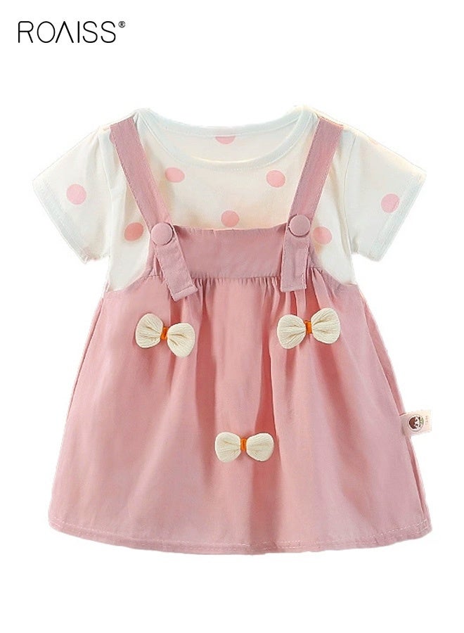 roaiss Girls Faux Two-Piece Dress, Stylish Summer Frock with Bowknots, Short Sleeve Polka Dot Dress, Casual A Line Dress for Girls, Suit for Daily Wear or Any Occasion - Image 2