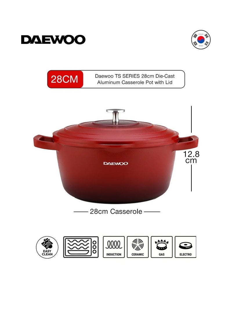 DAEWOO وعاء كسرولة من الألمنيوم المصبوب بقطر 28 سم من دايو مع غطاء، طلاء غير لاصق من حجر الجرانيت، قاعدة تحريض كاملة، آمن للاستخدام في الفرن، أحمر، خالي من المواد الكيميائية - Image 3