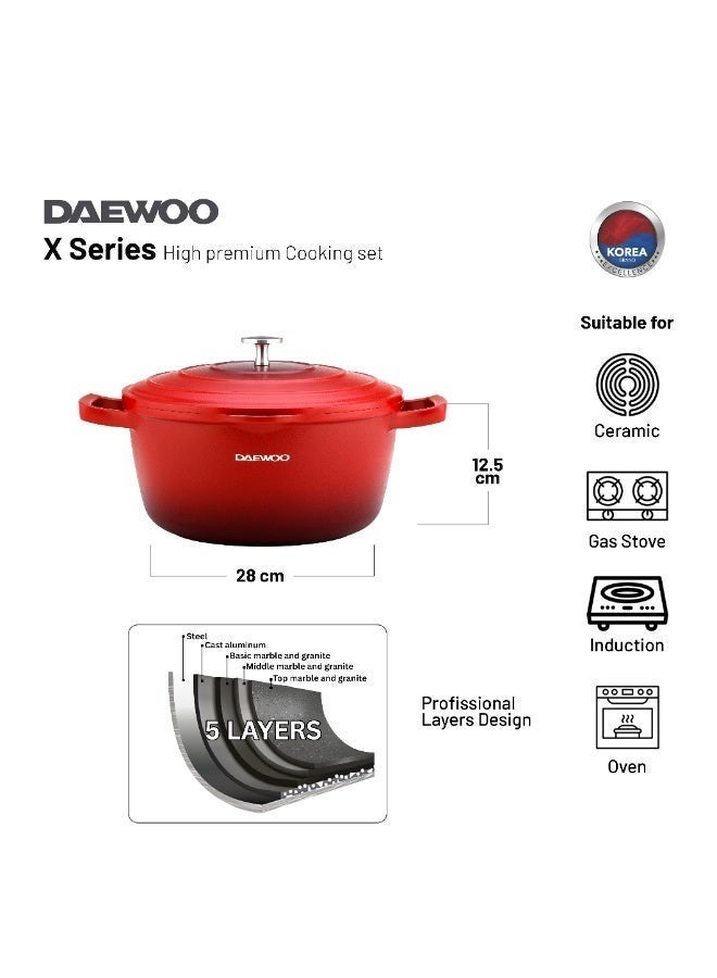 DAEWOO وعاء كسرولة من الألمنيوم المصبوب بقطر 28 سم من دايو مع غطاء، طلاء غير لاصق من حجر الجرانيت، قاعدة تحريض كاملة، آمن للاستخدام في الفرن، أحمر، خالي من المواد الكيميائية - Image 2