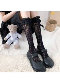 Lolita Over-Knee Socks Lace Trim Summer Black Stockings Lace vines calf socks Black