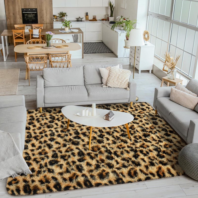 BENRON Living Room Rug 5x8 Area Rug for Kids Room Fluffy Bedroom Rug Yellow Black Leopard/Cheetah Print Rug Fuzzy Nusery Rug for Girls Boys Modern Faux Fur Rugs Washable Carpets - Image 1
