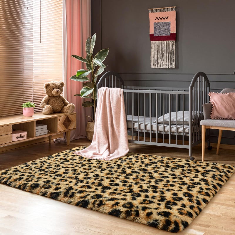 BENRON Living Room Rug 5x8 Area Rug for Kids Room Fluffy Bedroom Rug Yellow Black Leopard/Cheetah Print Rug Fuzzy Nusery Rug for Girls Boys Modern Faux Fur Rugs Washable Carpets - Image 2