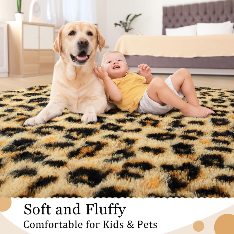 BENRON Living Room Rug 5x8 Area Rug for Kids Room Fluffy Bedroom Rug Yellow Black Leopard/Cheetah Print Rug Fuzzy Nusery Rug for Girls Boys Modern Faux Fur Rugs Washable Carpets - Image 4