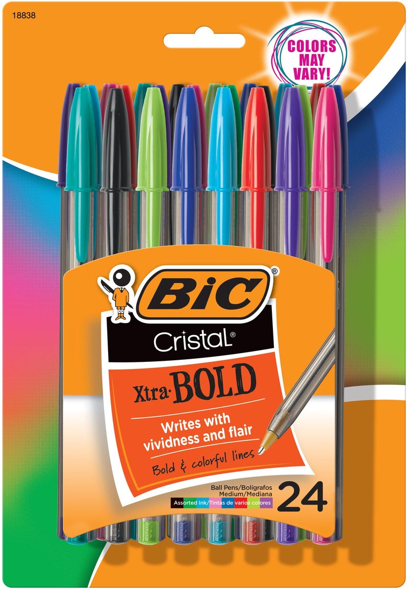 BIC Cristal Xtra Bold Ballpoint Pens, Bold Point (1.6mm) For Vivid And Dramatic Lines, Assorted Colors, 24-Count Pack, Perfect Ink Pens - Image 1