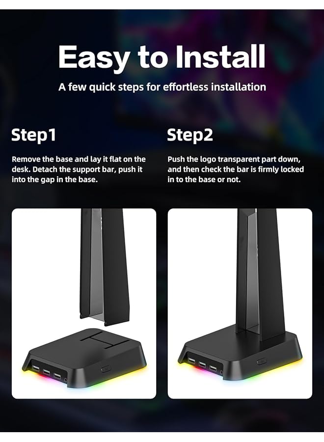 erorex Gaming Headset Stand Versatile Desktop Headset Holder With Rgb 3 Usb 2.0 Hubs & 3.5Mm Audio Jack Sturdy Rubber Anti Slip Base For All Headsets Black - Image 5