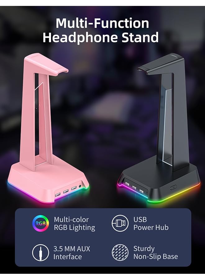 erorex Gaming Headset Stand Versatile Desktop Headset Holder With Rgb 3 Usb 2.0 Hubs & 3.5Mm Audio Jack Sturdy Rubber Anti Slip Base For All Headsets Black - Image 2