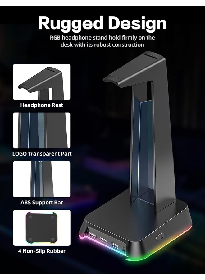 erorex Gaming Headset Stand Versatile Desktop Headset Holder With Rgb 3 Usb 2.0 Hubs & 3.5Mm Audio Jack Sturdy Rubber Anti Slip Base For All Headsets Black - Image 4
