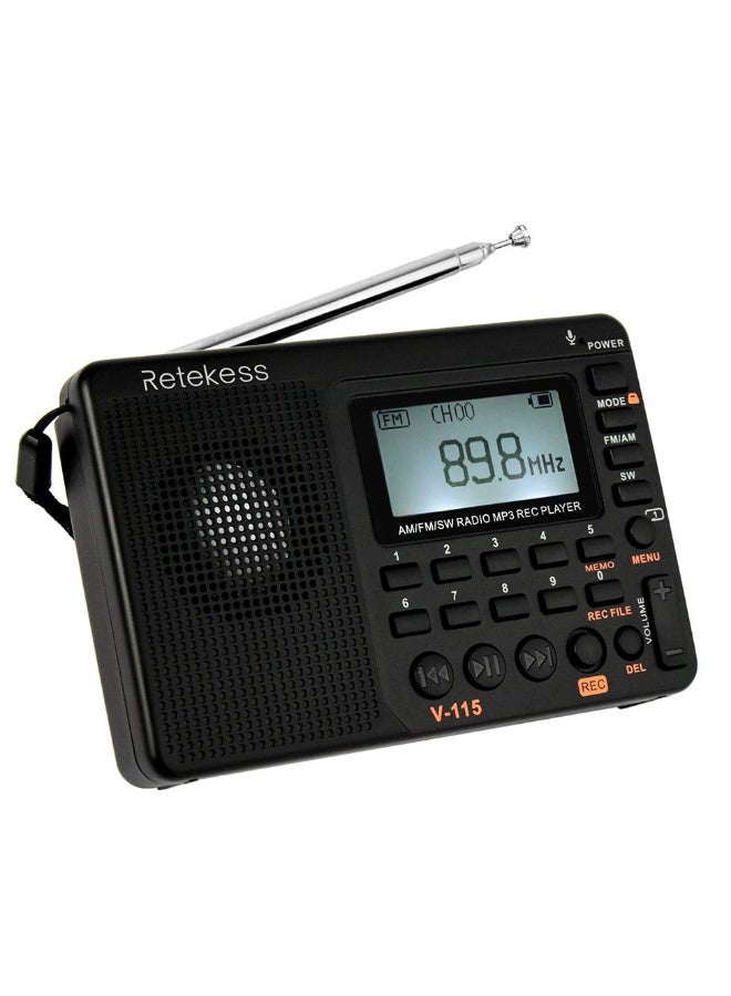 ريتيكيس FM/AM/SW Radio Multiband Radio Receiver REC Recorder Bass Sound MP3 Player Speakers with Sleep Timer Black - Image 1