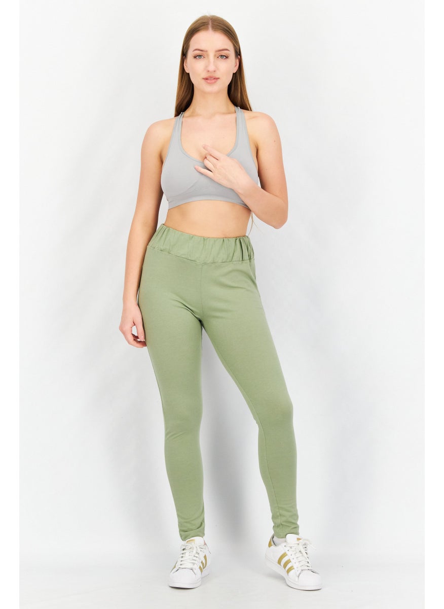Missguided - Women Waistband Solid Pull On Leggings, Olive - Image 1