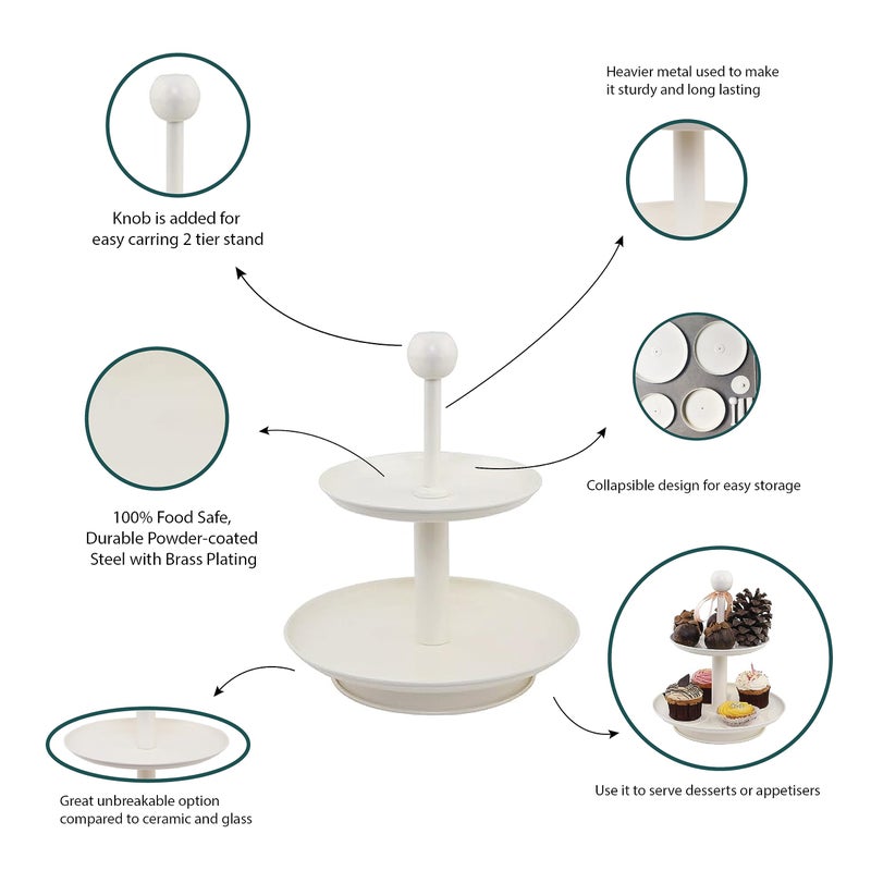 Elan Stainless Steel Knob 2 Tier Stacked Round Cake Cupcake & Dessert Stand, Birthday Party Cup Cake Stand (Off White) - Image 5