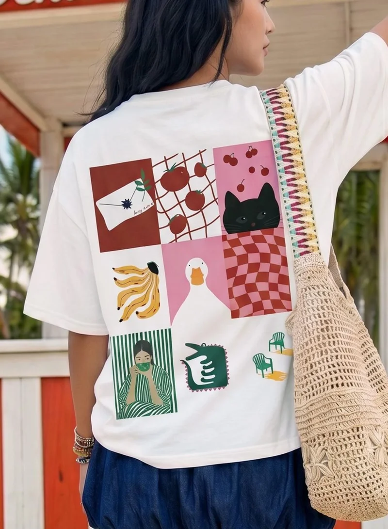 دينيس لينغو Women White 100% Cotton Printed Regular Fit T-Shirt