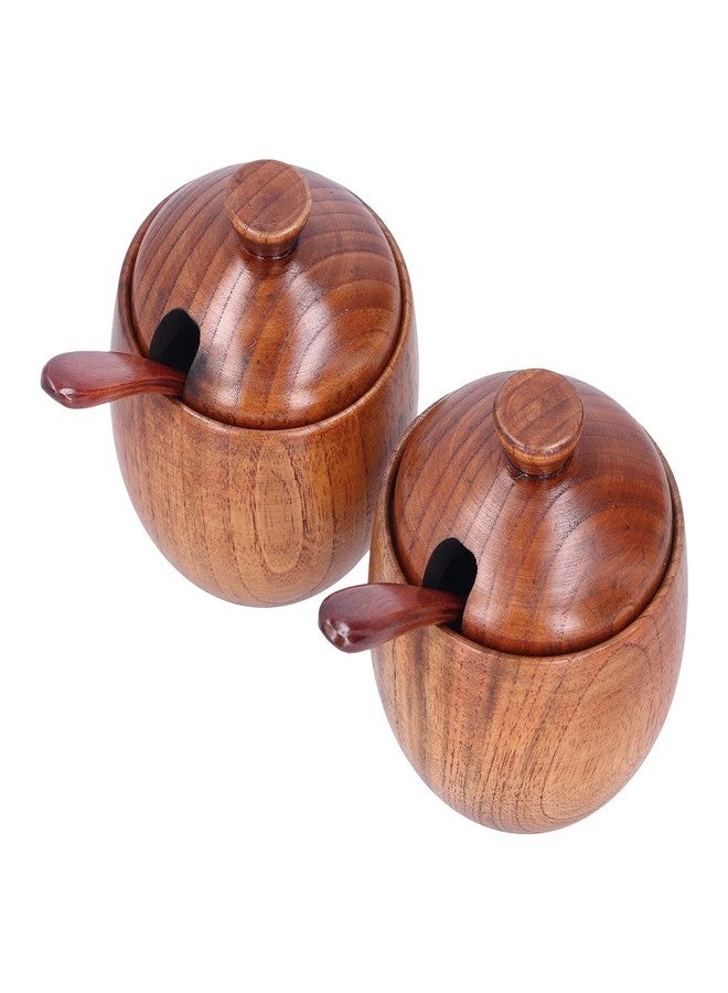 Milltrip 2 Pcs Wood Round Condiment Pot, Spice Box with Spoon and Lid, Sugar Bowl Salt Jar, Seasoning Container Storage for Kitchen - Image 1