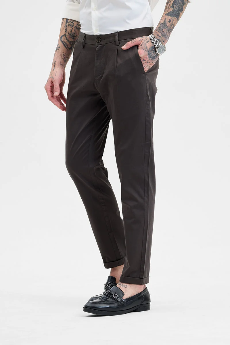 SNITCH Dark Brown Slim Fit Pleated Trousers