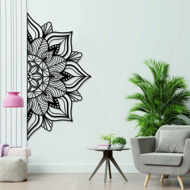 Resama Resama Large Metal Mandala Wall Decor, Unique Lotus Flower Wall Art, Suitable for Office and Home Indoor and Outdoor Decoration (Black, 45''x22.6'' / 114x57.5cm)  - Image 1