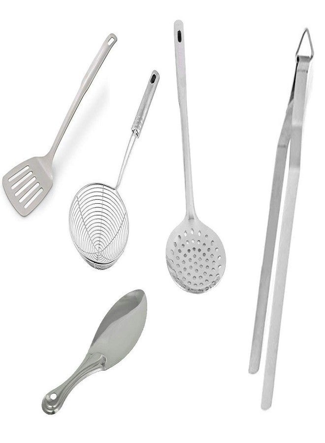 Maha Creation Stainless Steel Rice Serving Spoon,Chimta,Skimmer Spoon,Perforated Turner and Deep Fry Strainer - Image 1