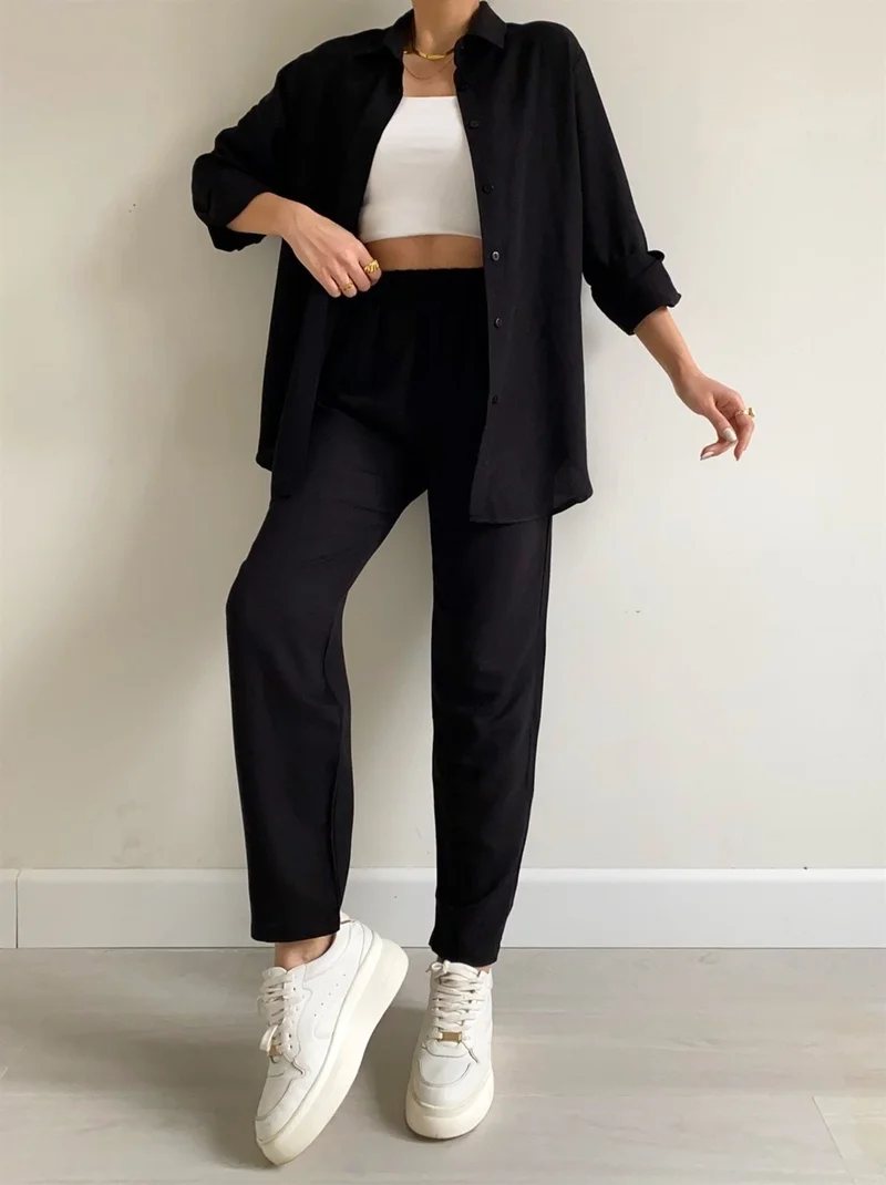 Barbora Linen Casual Two Piece Suit Pants Shirt LN21BLACK1