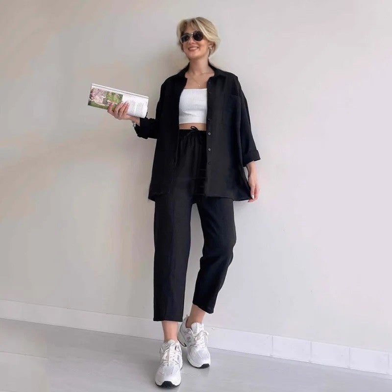Barbora Linen Casual Two Piece Suit Pants Shirt LN21BLACK1  - Image 1
