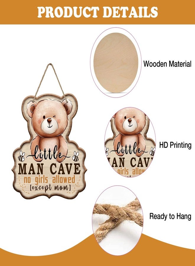 Bolisom Little Man Cave No Girls Allowed Expect Mom Front Door Sign, Cute Bear Bee Wood Hanger Boy Toddler Baby Nursery Home Decor, Farmhouse Wooden Wreath Indoor Kids Bedroom Wall Hanging Decoration - Image 3