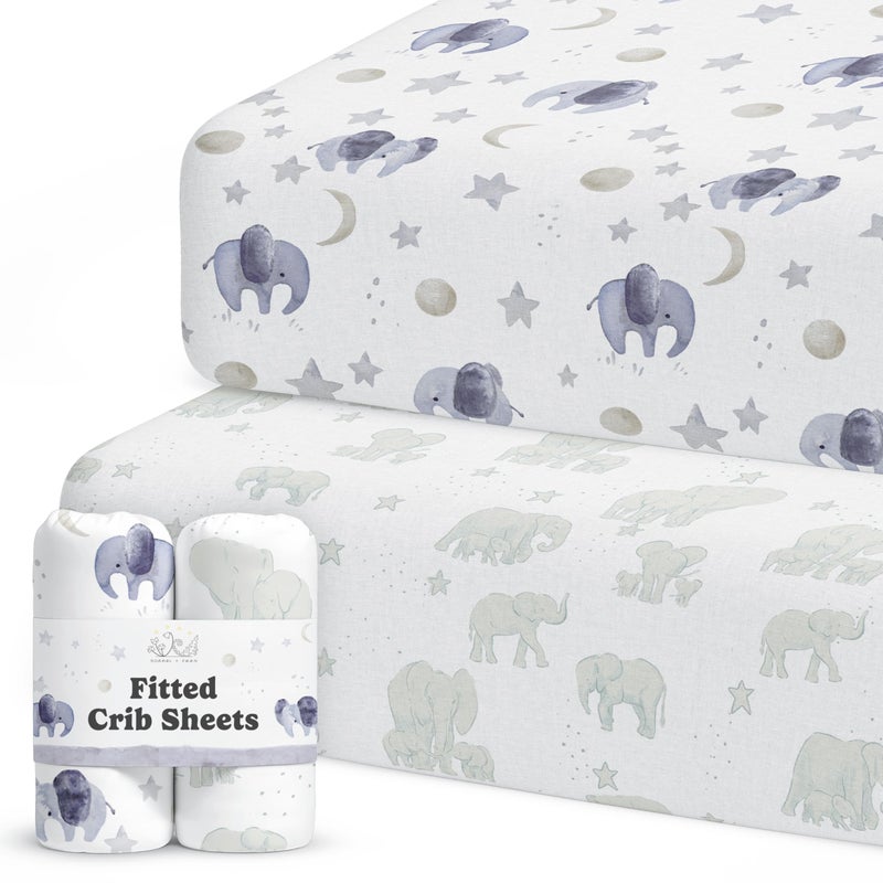 Sorrel + Fern Crib Sheets Neutral - Fitted Baby Crib Sheets Bed for Girl Boy - 2 Pack Standard & Toddler Mattress (Watercolor Elephants) - Buttery Soft Organic Cotton Blend - Image 1