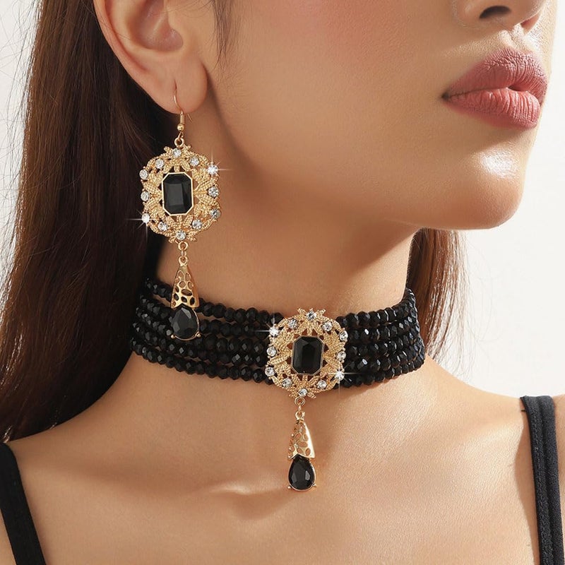 Missgrace Women Silver Black Green Red Rhinestone Crystal Tassels Bridal Necklace Earrings Sets Teardrop Necklace Dangle Earrings Set for Wedding Brides Bridesmaid (Black) - Image 2