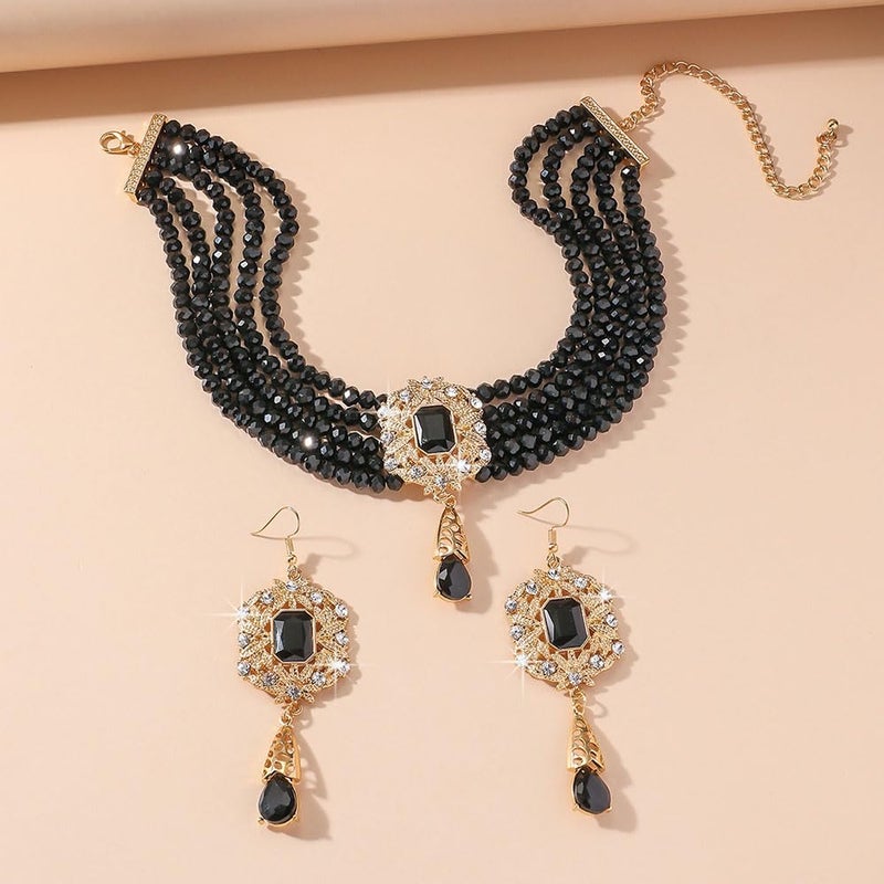 Missgrace Women Silver Black Green Red Rhinestone Crystal Tassels Bridal Necklace Earrings Sets Teardrop Necklace Dangle Earrings Set for Wedding Brides Bridesmaid (Black) - Image 4