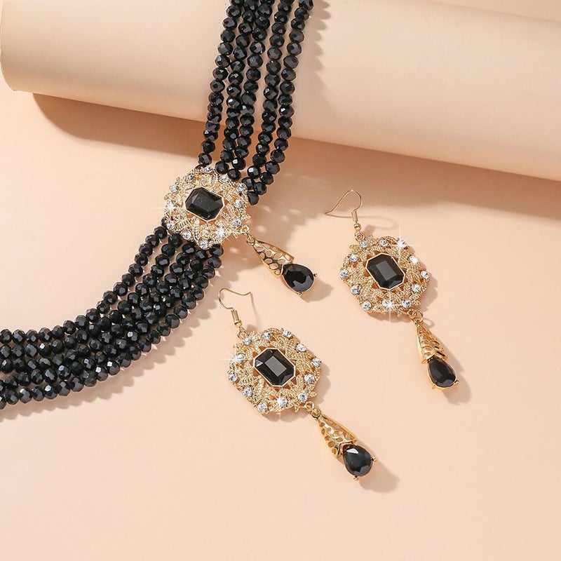 Missgrace Women Silver Black Green Red Rhinestone Crystal Tassels Bridal Necklace Earrings Sets Teardrop Necklace Dangle Earrings Set for Wedding Brides Bridesmaid (Black) - Image 5