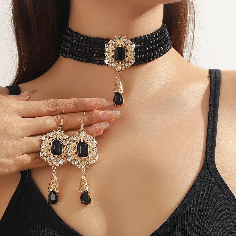Missgrace Women Silver Black Green Red Rhinestone Crystal Tassels Bridal Necklace Earrings Sets Teardrop Necklace Dangle Earrings Set for Wedding Brides Bridesmaid (Black) - Image 3