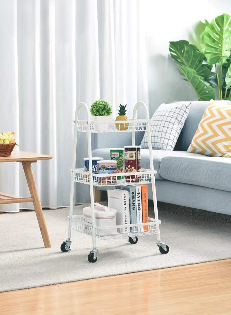 POWER 3-Tier Metal Cart, Multifunctional Storage Cart with Handle and Lockable Wheels, Utility Cart for Office, Bathroom, Kitchen, White - Image 4