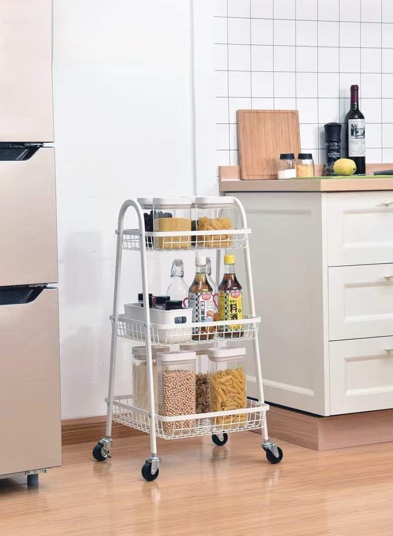 POWER 3-Tier Metal Cart, Multifunctional Storage Cart with Handle and Lockable Wheels, Utility Cart for Office, Bathroom, Kitchen, White - Image 3
