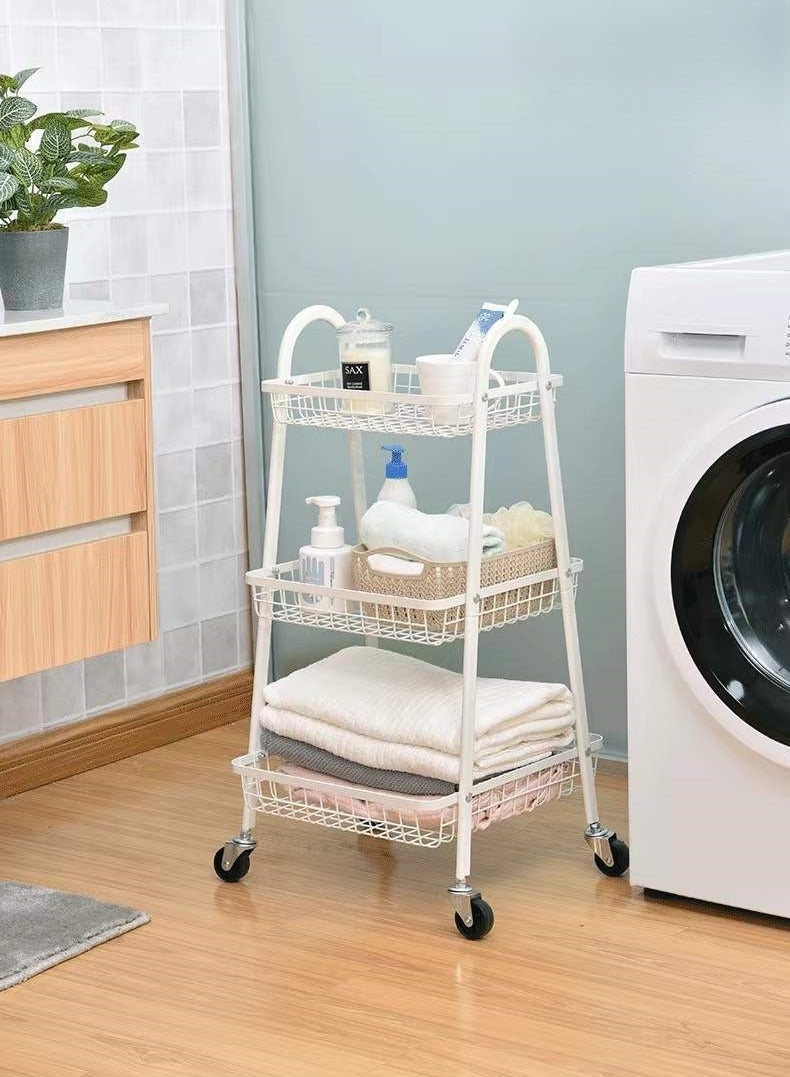 POWER 3-Tier Metal Cart, Multifunctional Storage Cart with Handle and Lockable Wheels, Utility Cart for Office, Bathroom, Kitchen, White - Image 5