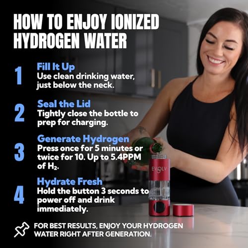 EVOLV Hydrogen Water Bottle Generator – SPE & PEM Water Ionizer 5.4PPM, Highest H2 Concentration – Portable 8oz Hydrogenated Water Bottle – Leak-Proof Hydrogen Water Machine, Easy to Use – Crimson - Image 5