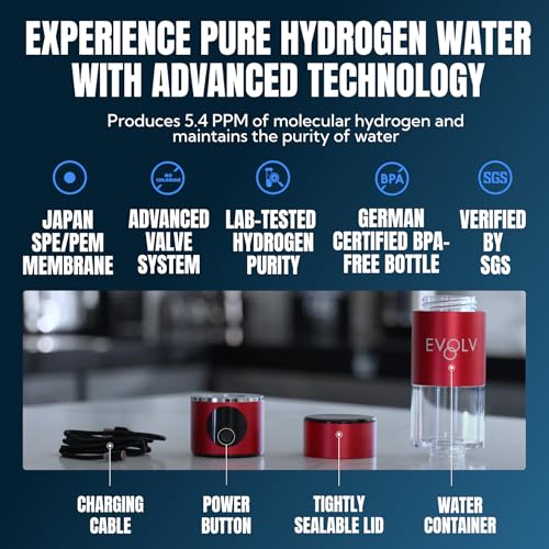 EVOLV Hydrogen Water Bottle Generator – SPE & PEM Water Ionizer 5.4PPM, Highest H2 Concentration – Portable 8oz Hydrogenated Water Bottle – Leak-Proof Hydrogen Water Machine, Easy to Use – Crimson - Image 4