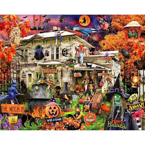 White Mountain 1000 Piece Halloween Jigsaw Puzzle Fall and Autumn Haunted House Puzzles Large Pieces Gift for Adults and Family 24x30 Witches Welcome - Image 1