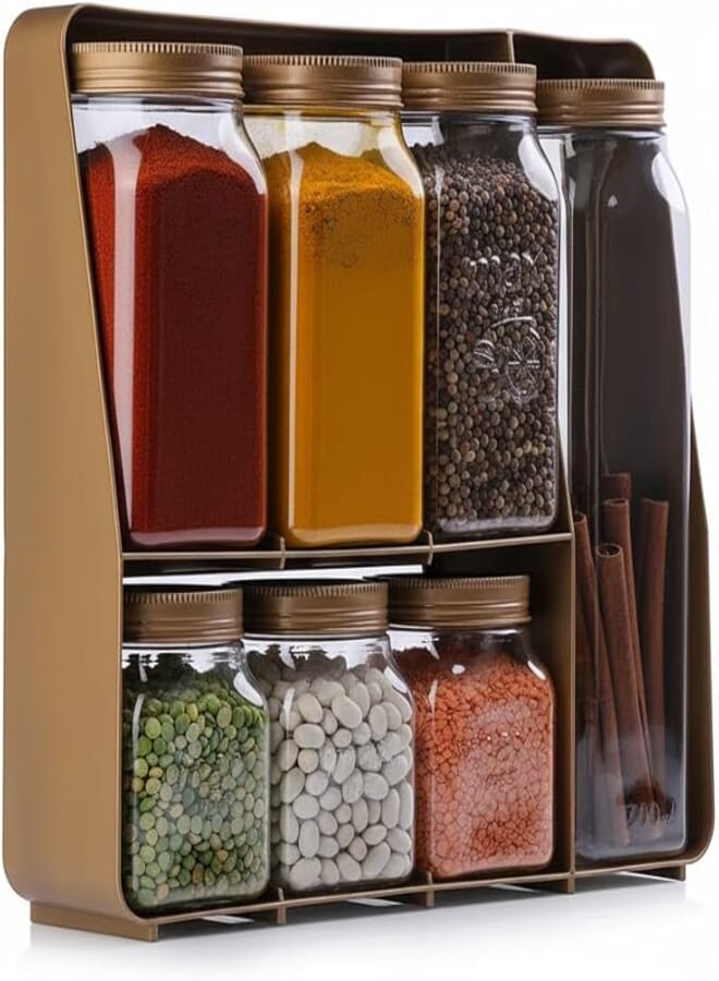 Spice Storage Jar Set with Stand, 7 Pieces, BPA Free Plastic, 3 Jars 400 ml, 3 Jars 700 ml, 1 Jar 1300 ml, Dishwasher Safe, 29 x 33 x 8.5 cm