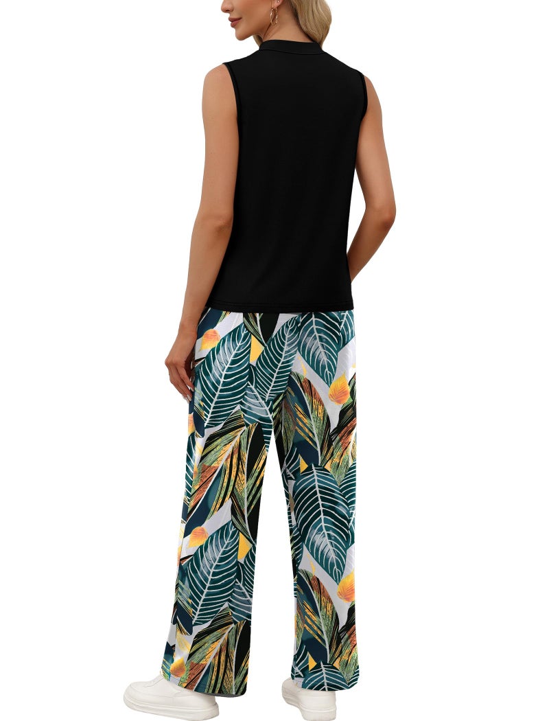 WIHOLL Two Piece Set for Women Summer Spring Outfits Cruise Travel Airport Beach Vacation Clothes Trendy Lounge Sets Mock Neck Matching Women Clothing Wide Leg Pants Set S - Image 4