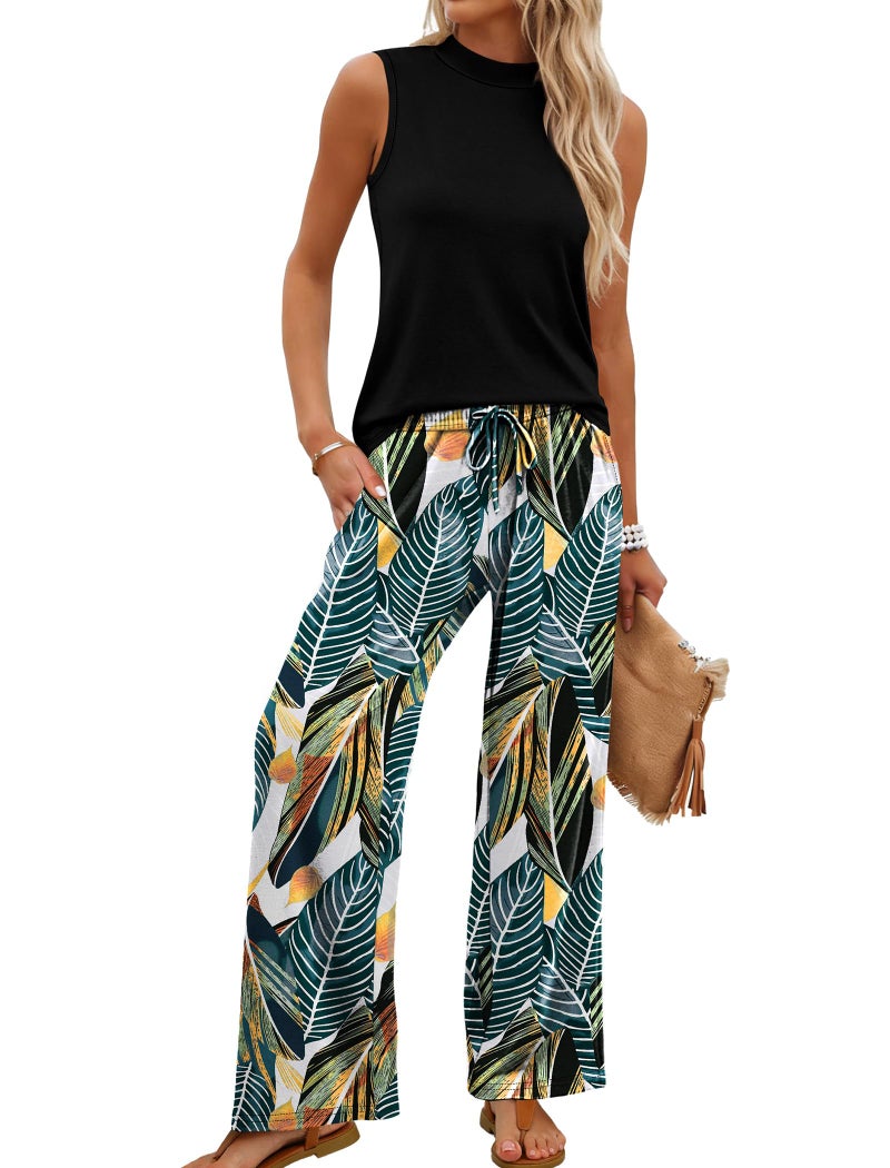 WIHOLL Two Piece Set for Women Summer Spring Outfits Cruise Travel Airport Beach Vacation Clothes Trendy Lounge Sets Mock Neck Matching Women Clothing Wide Leg Pants Set S - Image 1