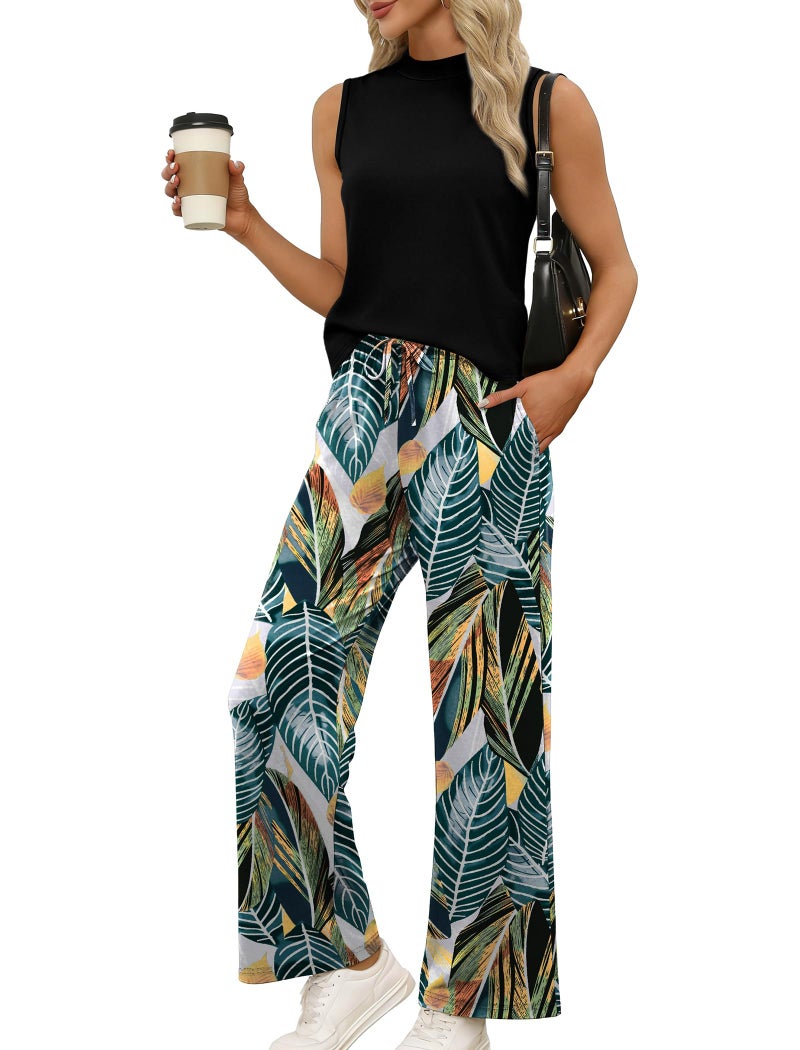 WIHOLL Two Piece Set for Women Summer Spring Outfits Cruise Travel Airport Beach Vacation Clothes Trendy Lounge Sets Mock Neck Matching Women Clothing Wide Leg Pants Set S - Image 2