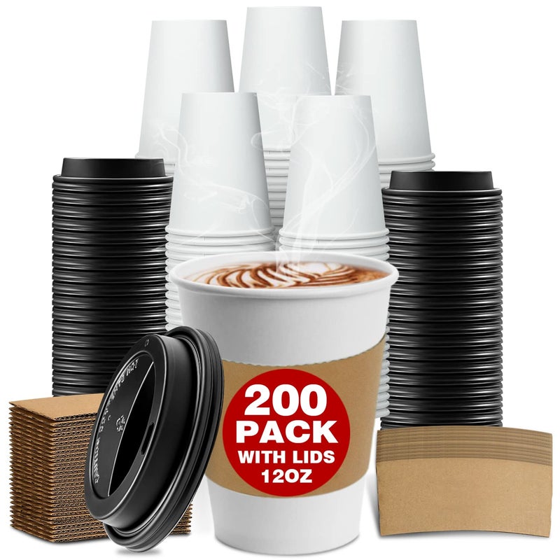 200 Set 12 oz Thickened Disposable Paper Coffee Cups with Lids and SleevesTo Go Cups for Hot  Cold Beverages Tea Hot Chocolate
