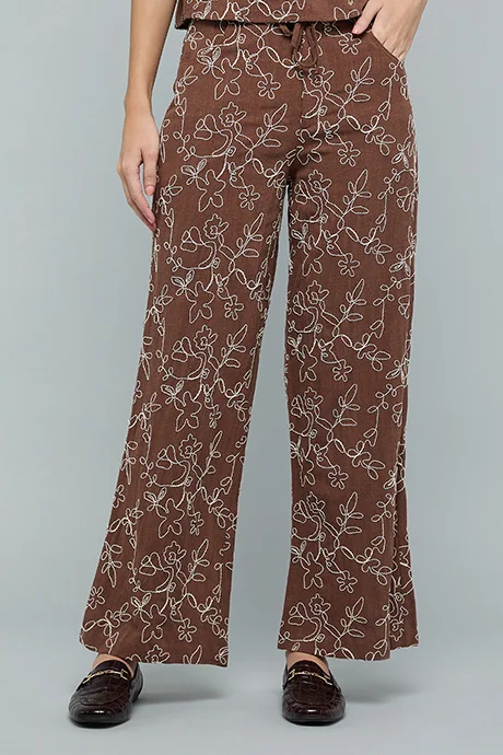 أر أند بي Embroidered Wide Leg Pants with Drawstring Waist