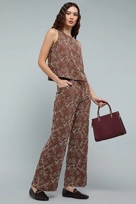 أر أند بي Embroidered Wide Leg Pants with Drawstring Waist