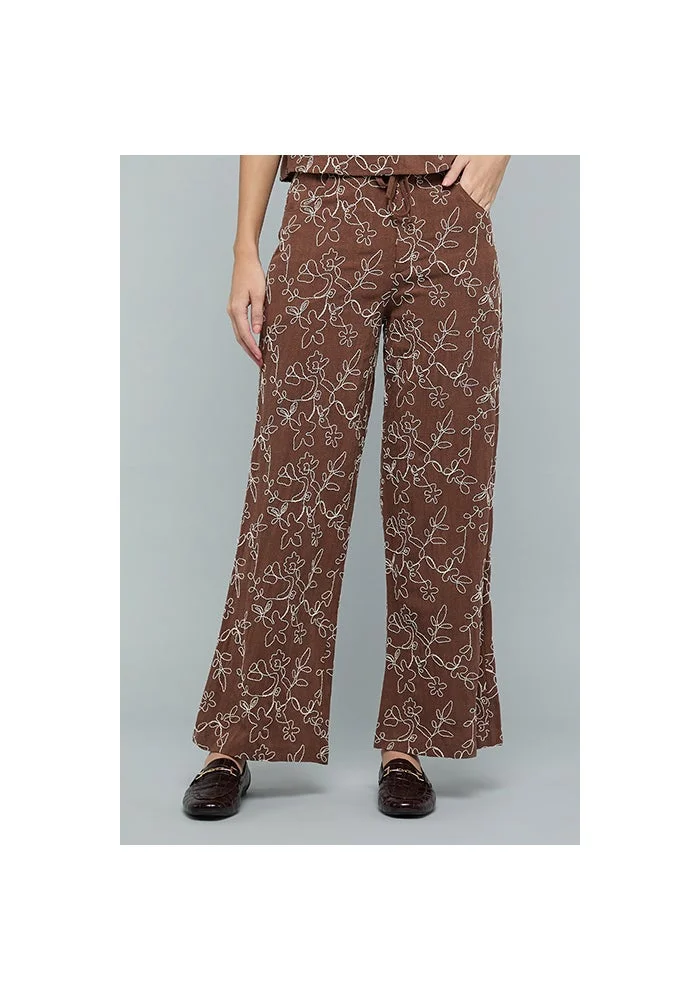 أر أند بي Embroidered Wide Leg Pants with Drawstring Waist