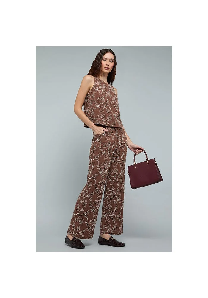 أر أند بي Embroidered Wide Leg Pants with Drawstring Waist