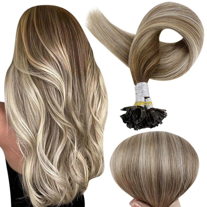 Full Shine U Tip Human Hair Extensions 20 Inch K Tip Hair Extensions Real Human Hair Balayage Color 3 Fading to 8 and 22 Blonde Nail Tip Extensions 50s 50g