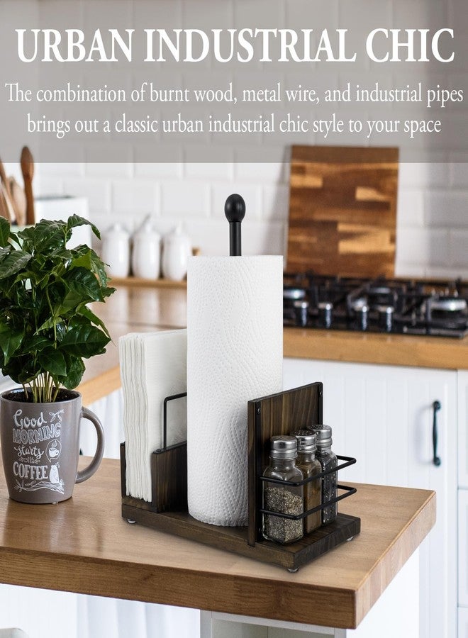 MyGift Rustic Burnt Solid Wood and Industrial Matte Black Metal Dining Combination Caddy with Paper Towel Roll Dispenser Stand, Napkin Holder, and Spice Rack - Image 3