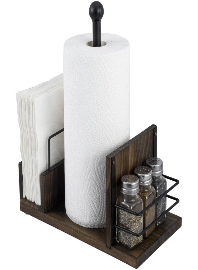 MyGift Rustic Burnt Solid Wood and Industrial Matte Black Metal Dining Combination Caddy with Paper Towel Roll Dispenser Stand, Napkin Holder, and Spice Rack - Image 1